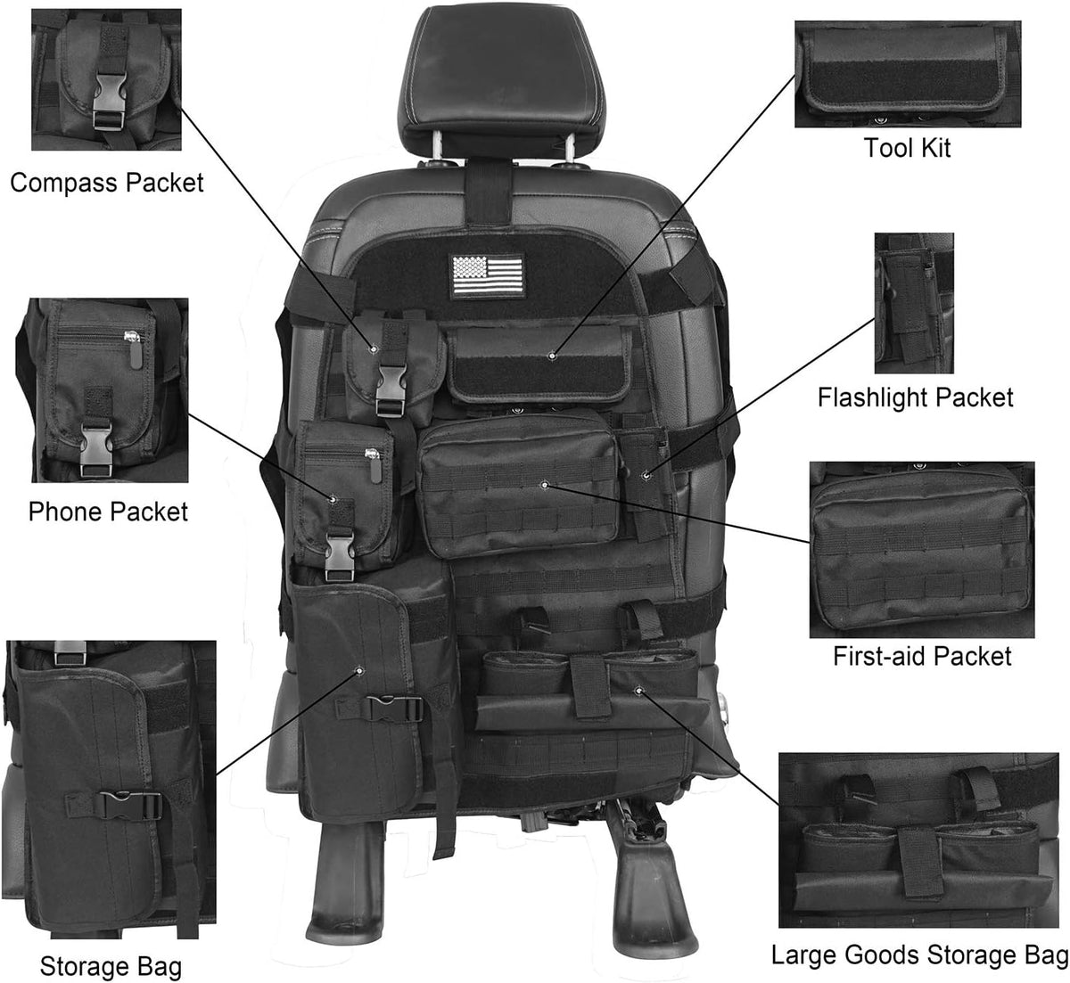 Molle Seat Back Organizer with Multi Pocket Pouch Bag D746610