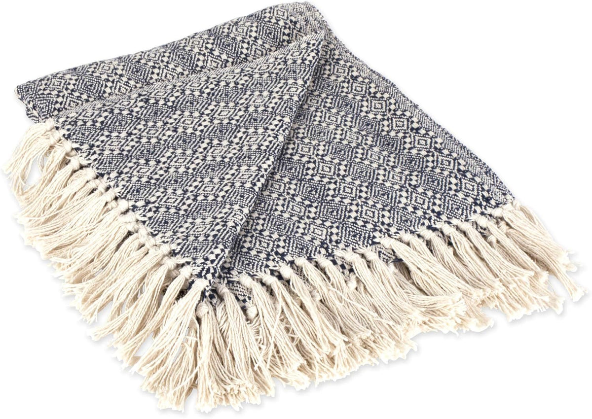 Aqua Cotton Diamond Patterned Blanket Throw with Fringe, 50 x 60 J5333
