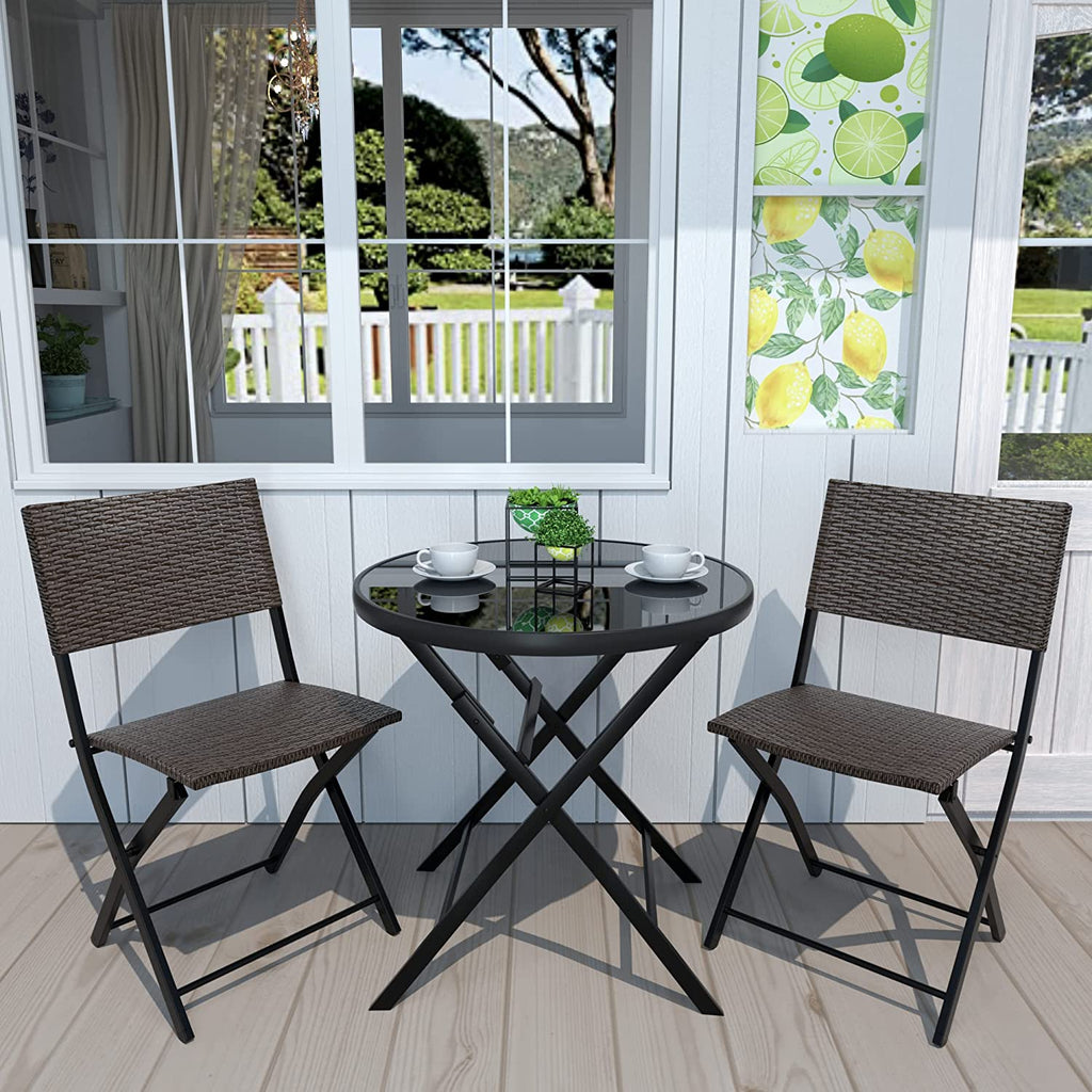 3 Pieces Wicker Patio Bistro Set with Folding Round Table and Chairs Q517