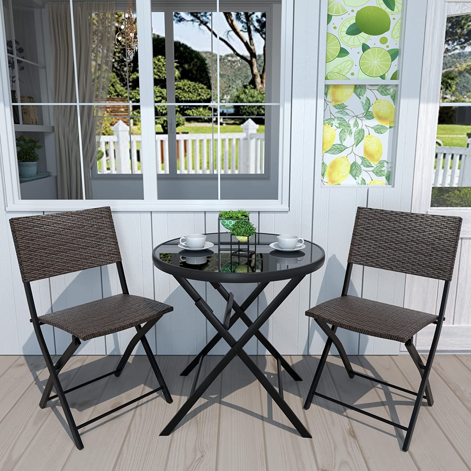 3 Pieces Wicker Patio Bistro Set with Folding Round Table and Chairs Q517