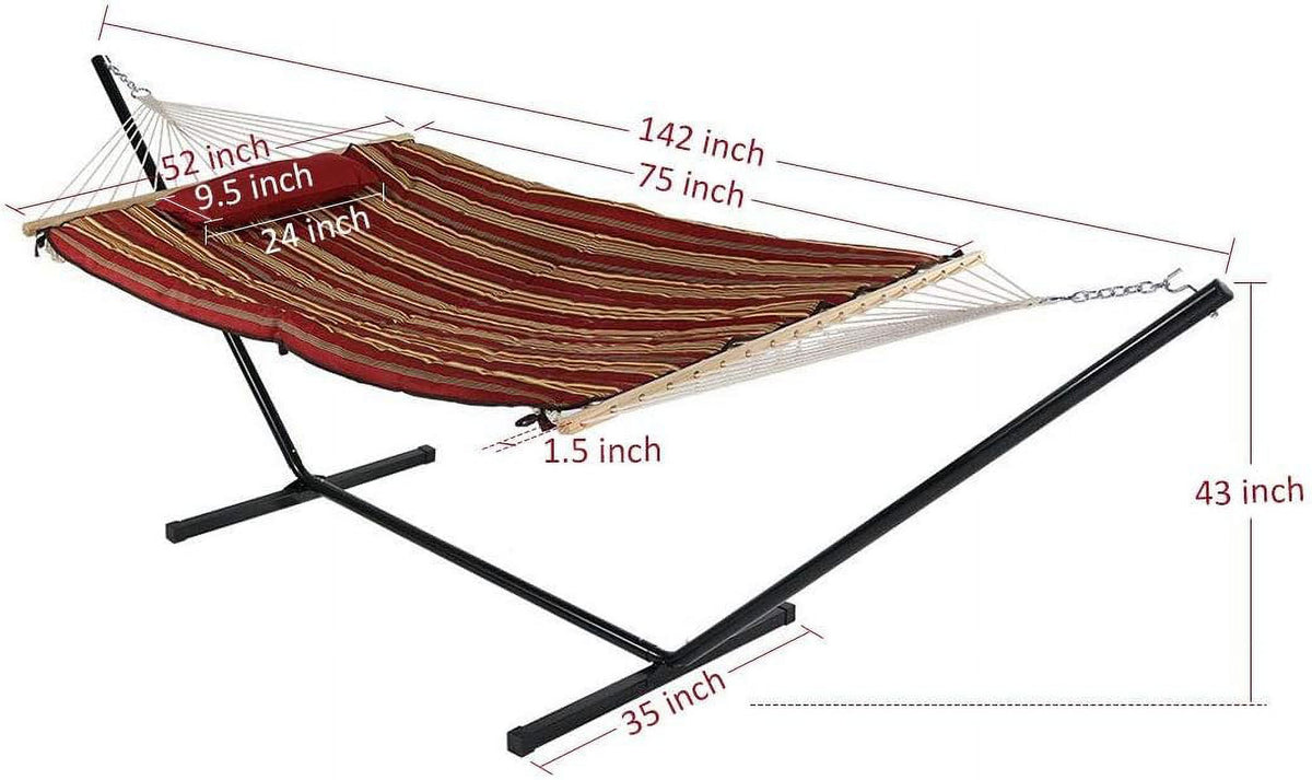 Double Outdoor Hammock with Stand, 2 Person Cotton Rope Hammock with Polyester Pad and Pillow E250