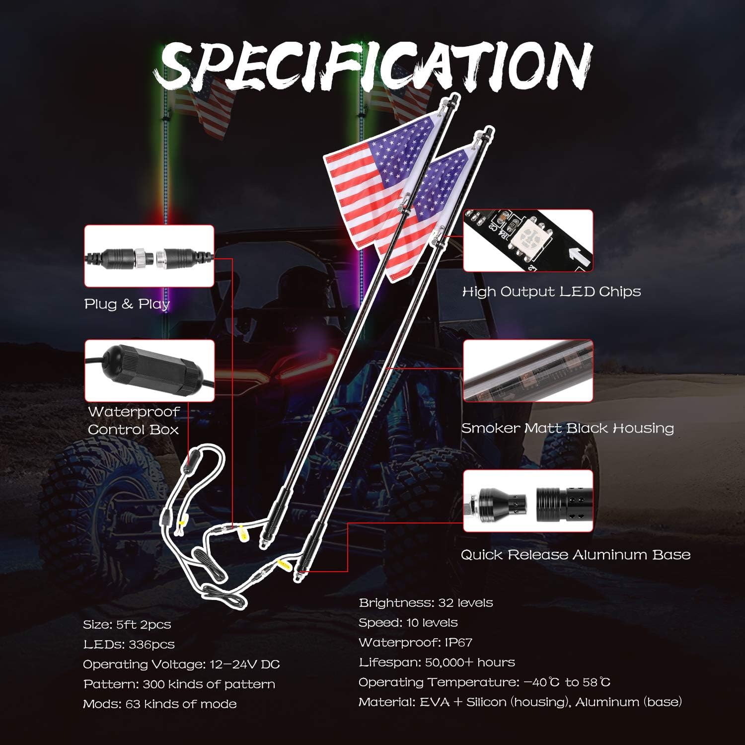 2PCS 5FT LED Whip Lights with RF Remote for ATV UTV G833