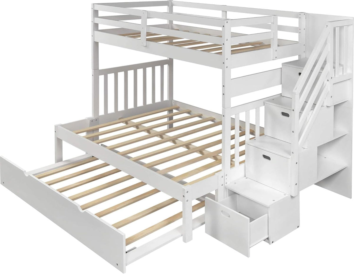 White Twin Over Twin Bunk with Trundle, 4 Drawers, and 3 Shelves Y7560