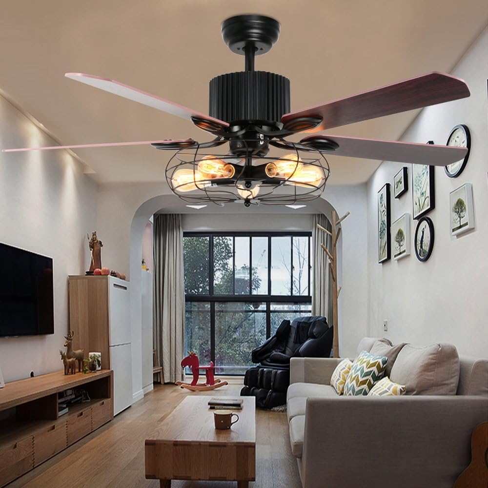 Retro Industrial Ceiling Fan Light with Iron Cage Cover Pull Chain Remote and 5 Reversible Wood Leaves 52Inch I152