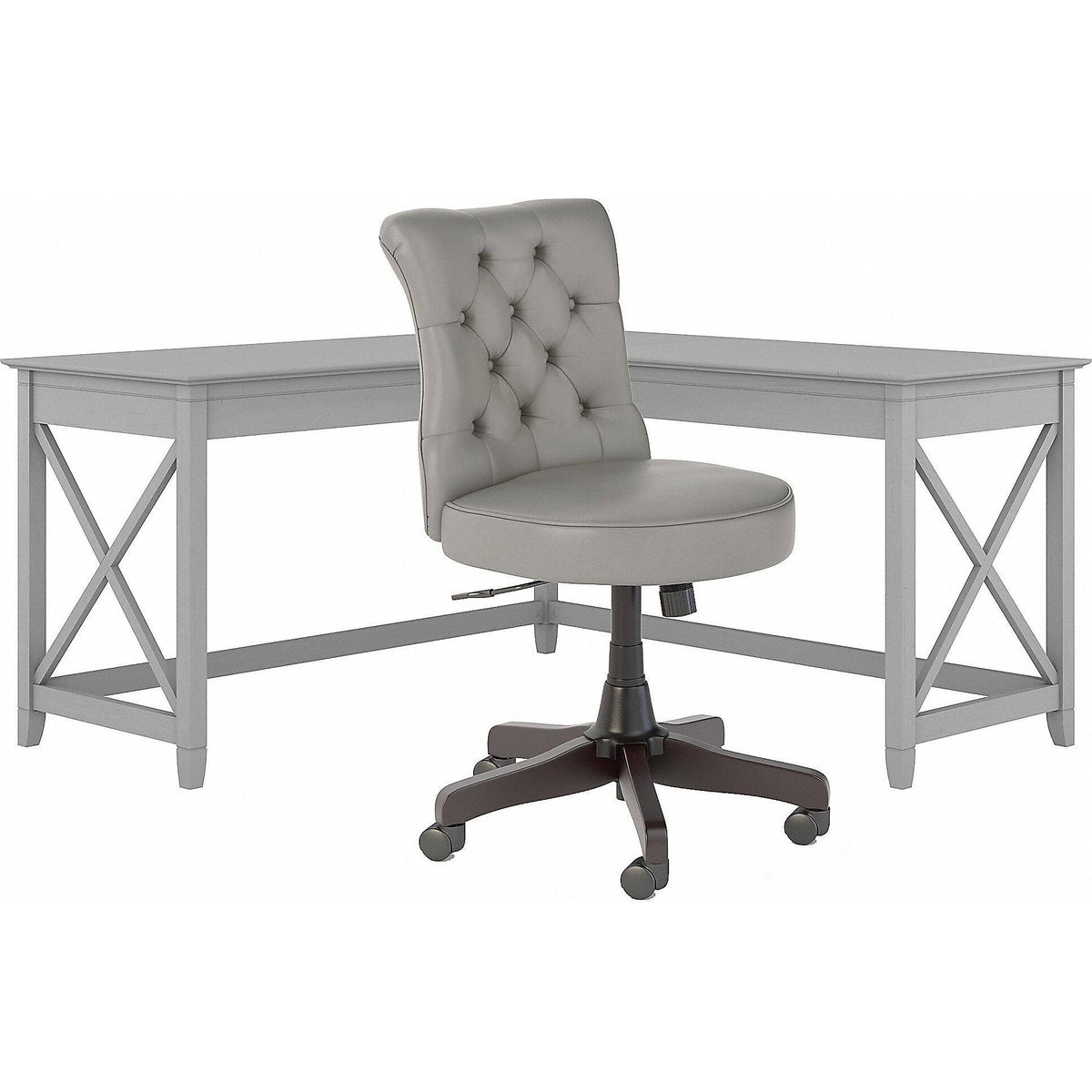 60W L Shaped Desk with Mid Back Tufted Office Chair, Gray V74714