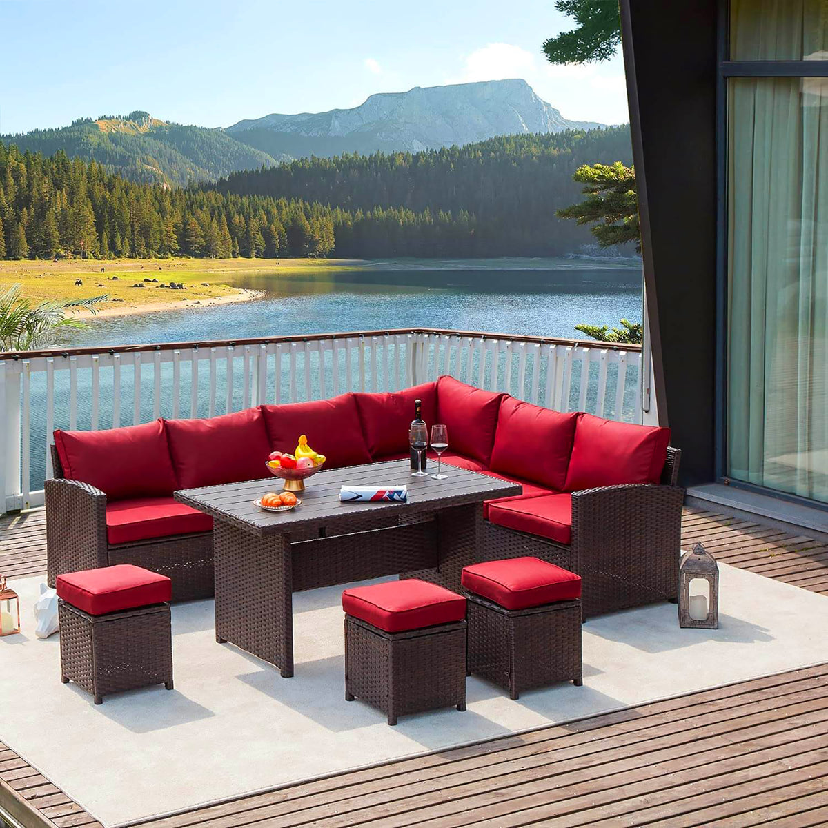 Red Rattan Wicker Patio Dining Table Set B576683