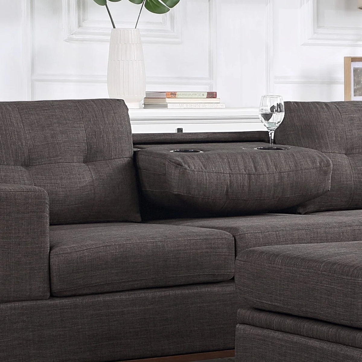 Dark Gray Fabric Reversible Sectional Sofa with Storage Ottoman N543223