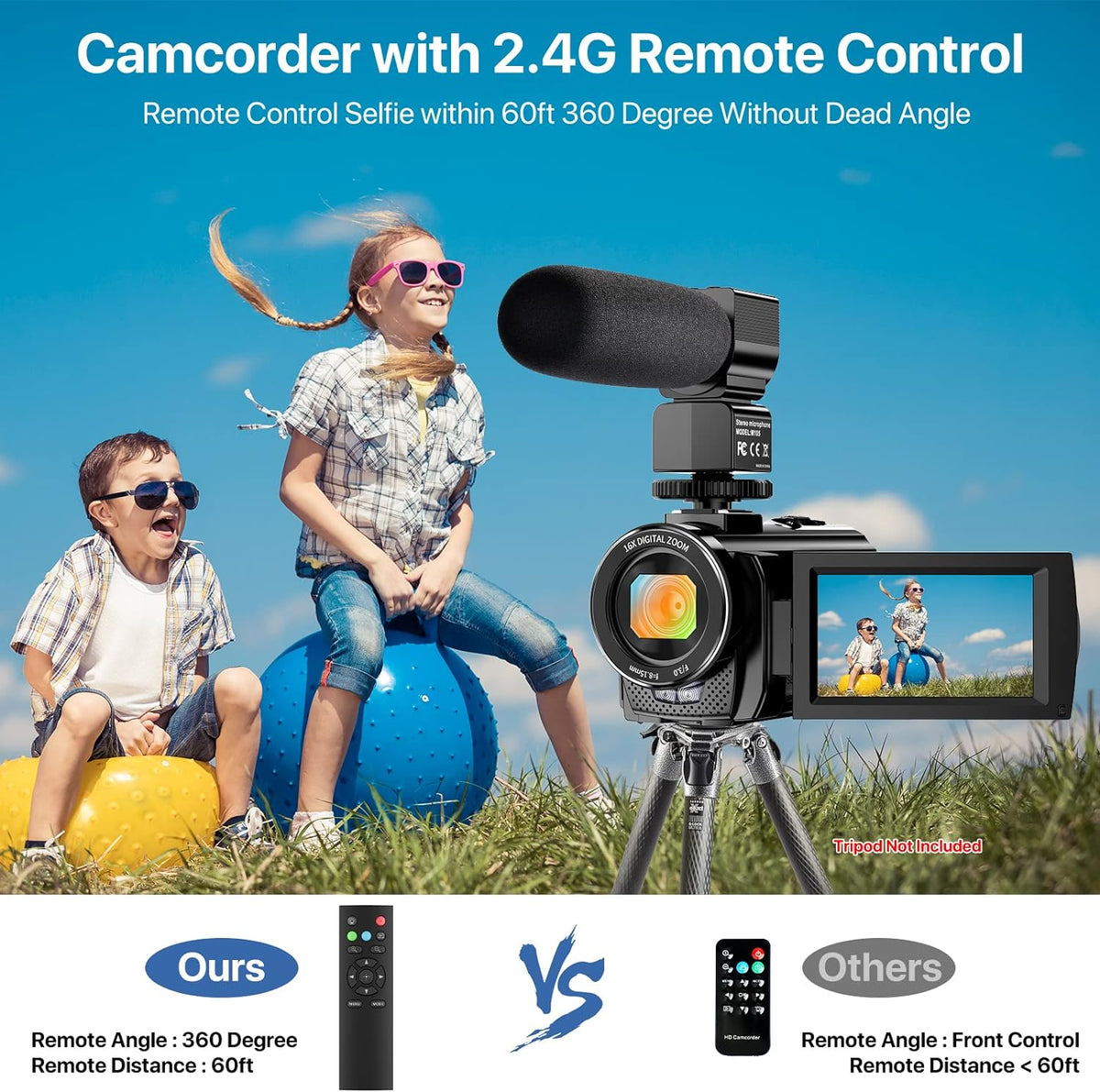 FHD 1080P 24.0MP 3.0 Inch 270 Degree Rotation Screen 16X Digital Zoom Camcorder with Microphone, Remote Control and 2 Batteries M4081