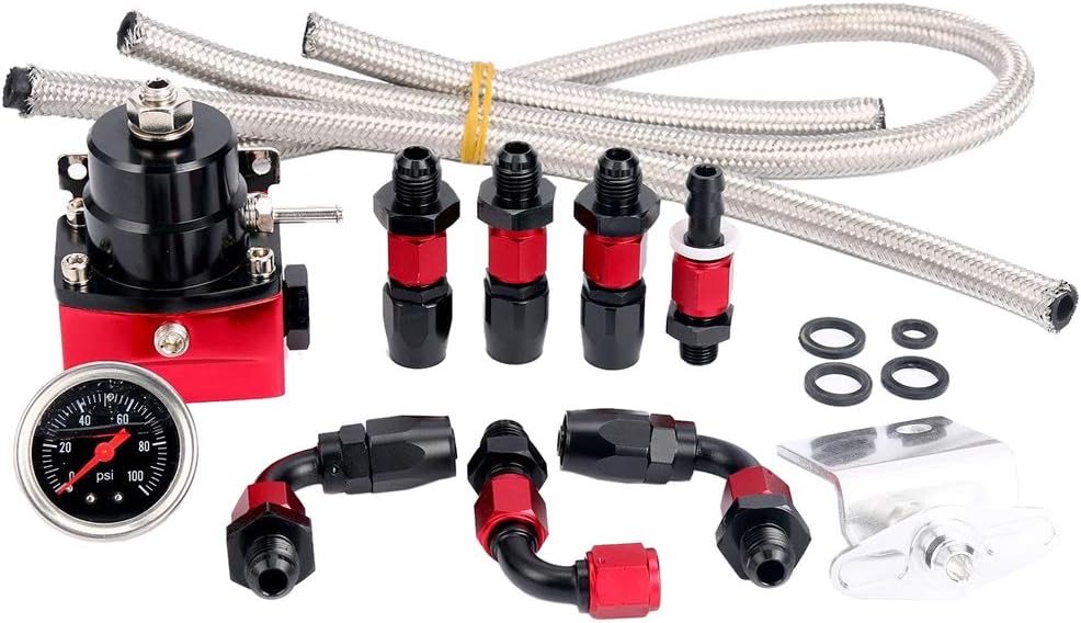 Universal Adjustable Fuel Pressure Regulator Kit with AN6 Hose Fittings 100psi Gauge Black & Red Pack of 2 I13472
