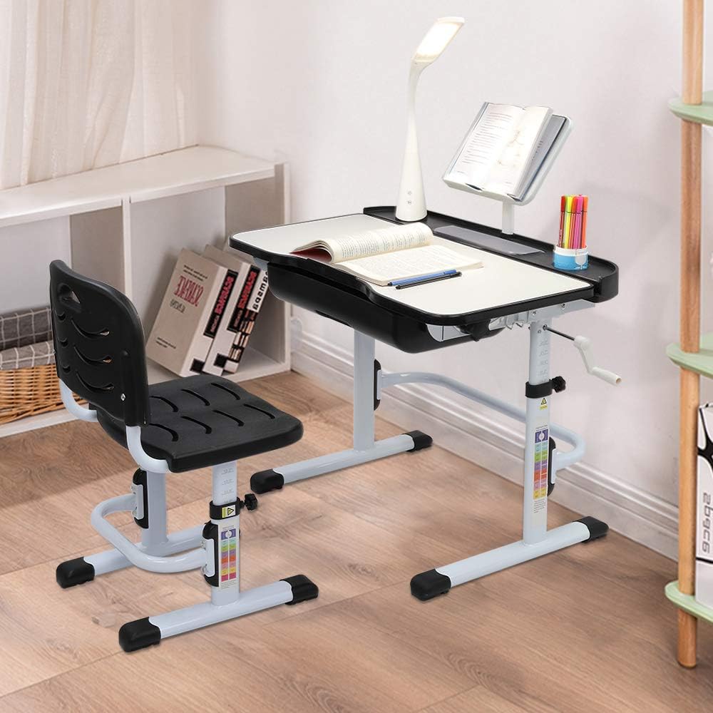 80CM Hand-cranked Lifting Top Can Tilt Children Learning Table and Chair Black with Reading Stand Desk Lamp E33418