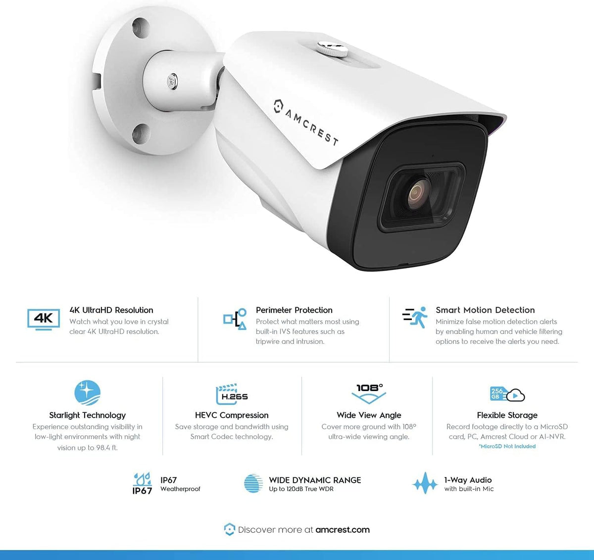 4K AI POE Bullet IP Camera, 98ft Night Vision, 2.8mm Lens, IP67 Weatherproof, White B314624