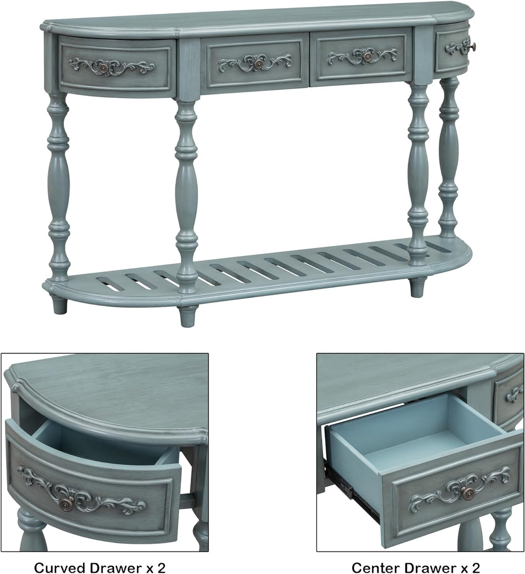 Antique Blue Wood Curved Console Table with Drawers & Shelf V689