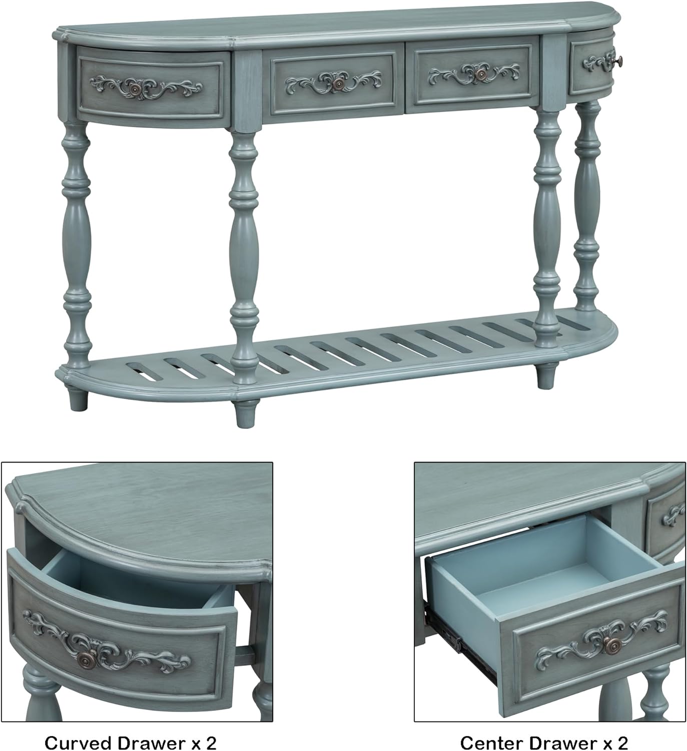 Antique Blue Wood Curved Console Table with Drawers & Shelf V689