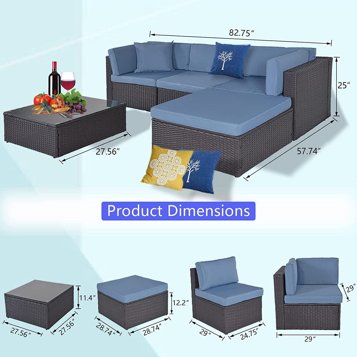 Outdoor Patio Furniture Sets Sectional Wicker Couch Sofa Seating 5PCS K848998