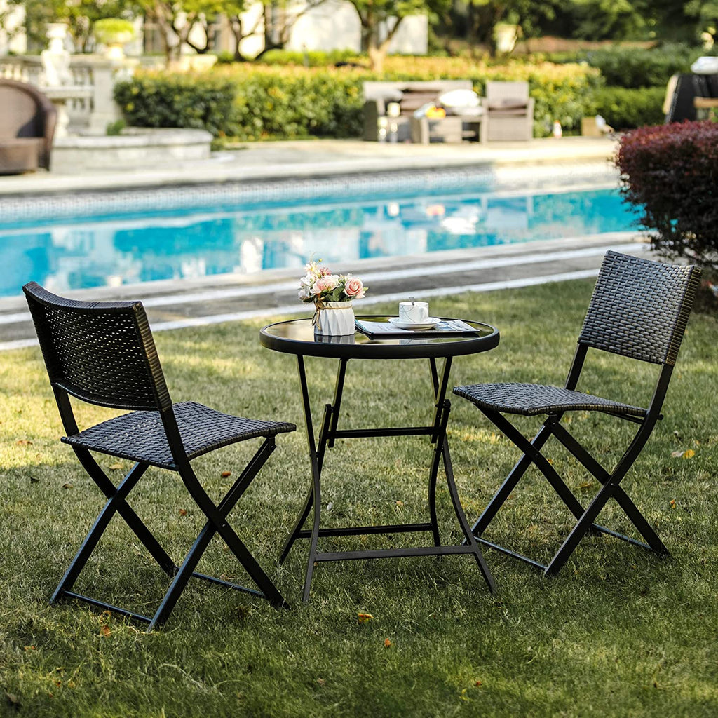 3 Pieces Wicker Patio Bistro Set with Folding Round Table and Chairs Q517