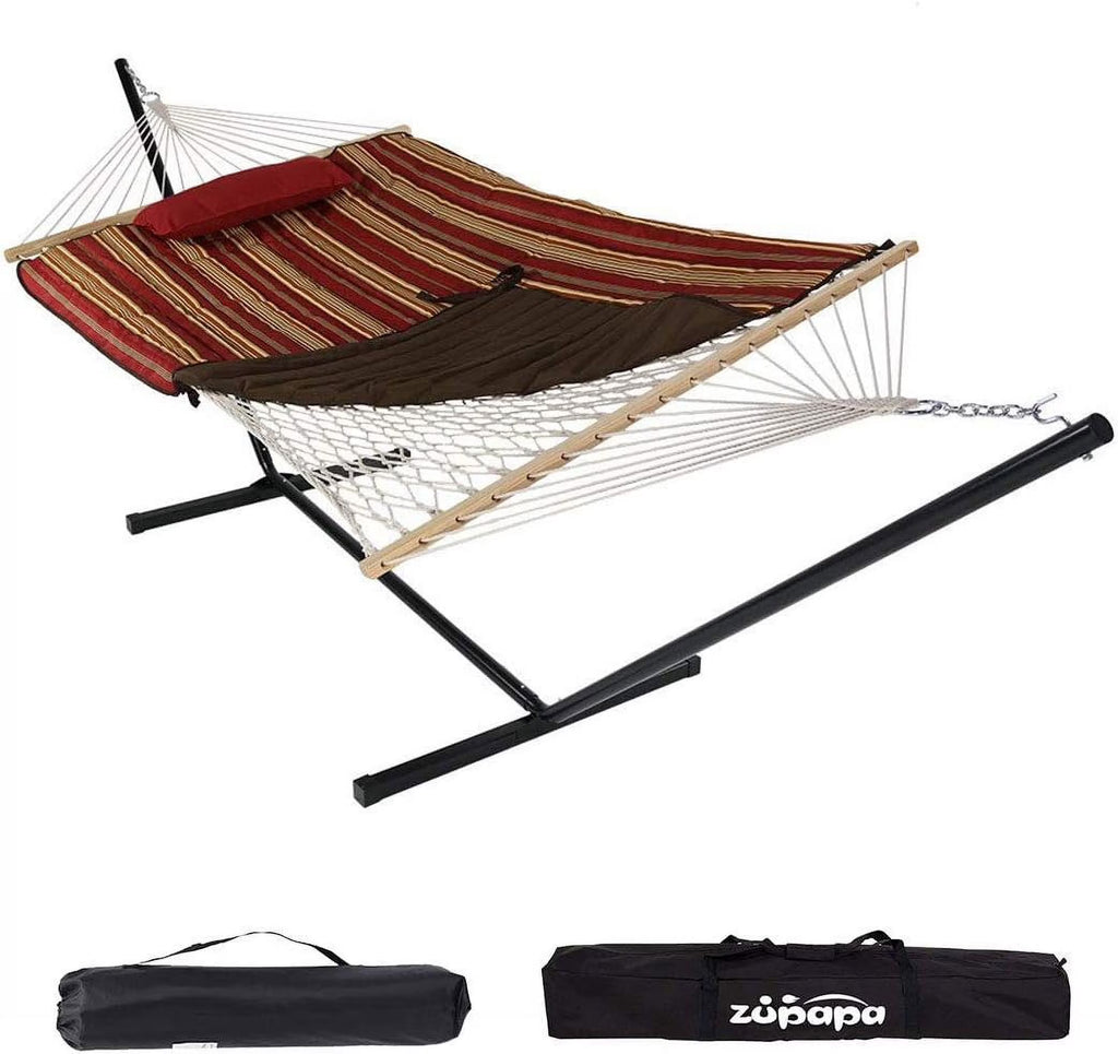Double Outdoor Hammock with Stand, 2 Person Cotton Rope Hammock with Polyester Pad and Pillow E250