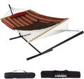 Double Outdoor Hammock with Stand, 2 Person Cotton Rope Hammock with Polyester Pad and Pillow E250