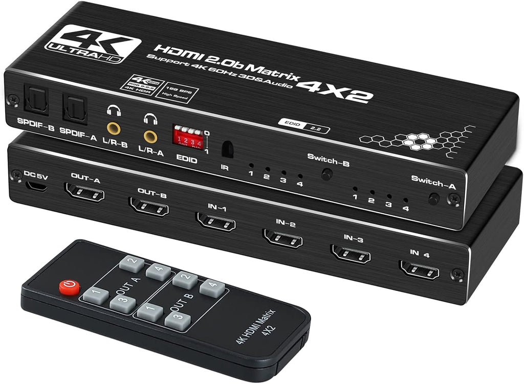 4K@60Hz 4x2 HDMI Matrix Switch with Optical and L/R Audio Output, HDCP2.2, HDR 10, Pack of 2 U6380