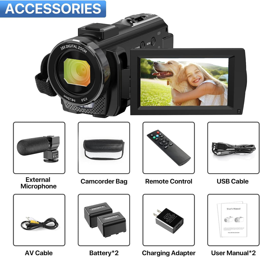 FHD 1080P 24.0MP 3.0 Inch 270 Degree Rotation Screen 16X Digital Zoom Camcorder with Microphone, Remote Control and 2 Batteries M4081