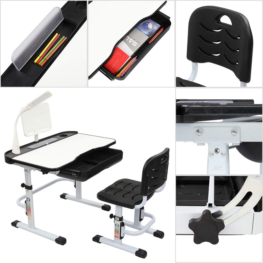 80CM Hand-cranked Lifting Top Can Tilt Children Learning Table and Chair Black with Reading Stand Desk Lamp E33418