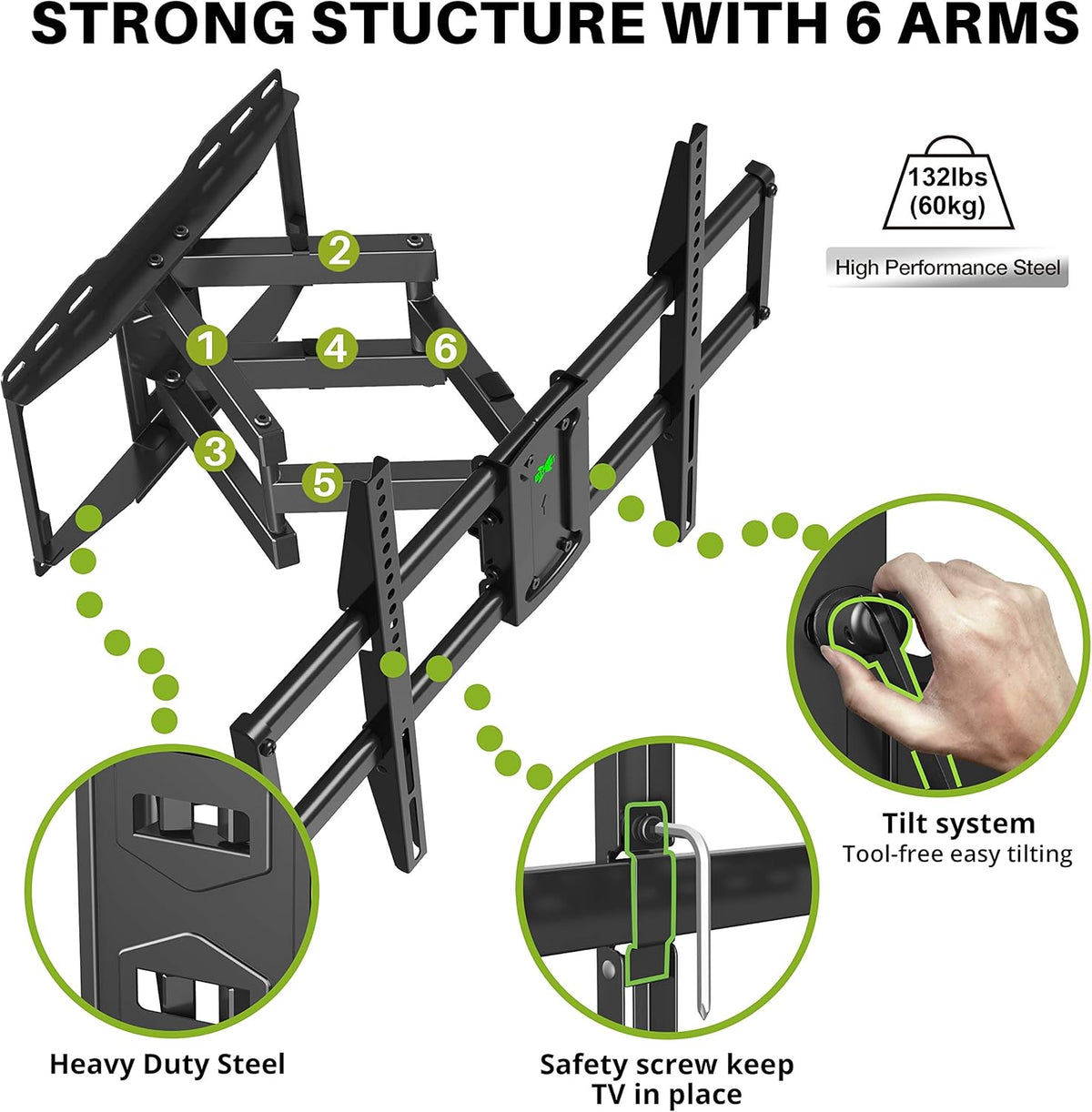 Full Motion TV Wall Mount for 37-75 inch TV, Up to 132lbs, Dual Articulating Arms, Max VESA 600x400mm, Pack of 2 X864