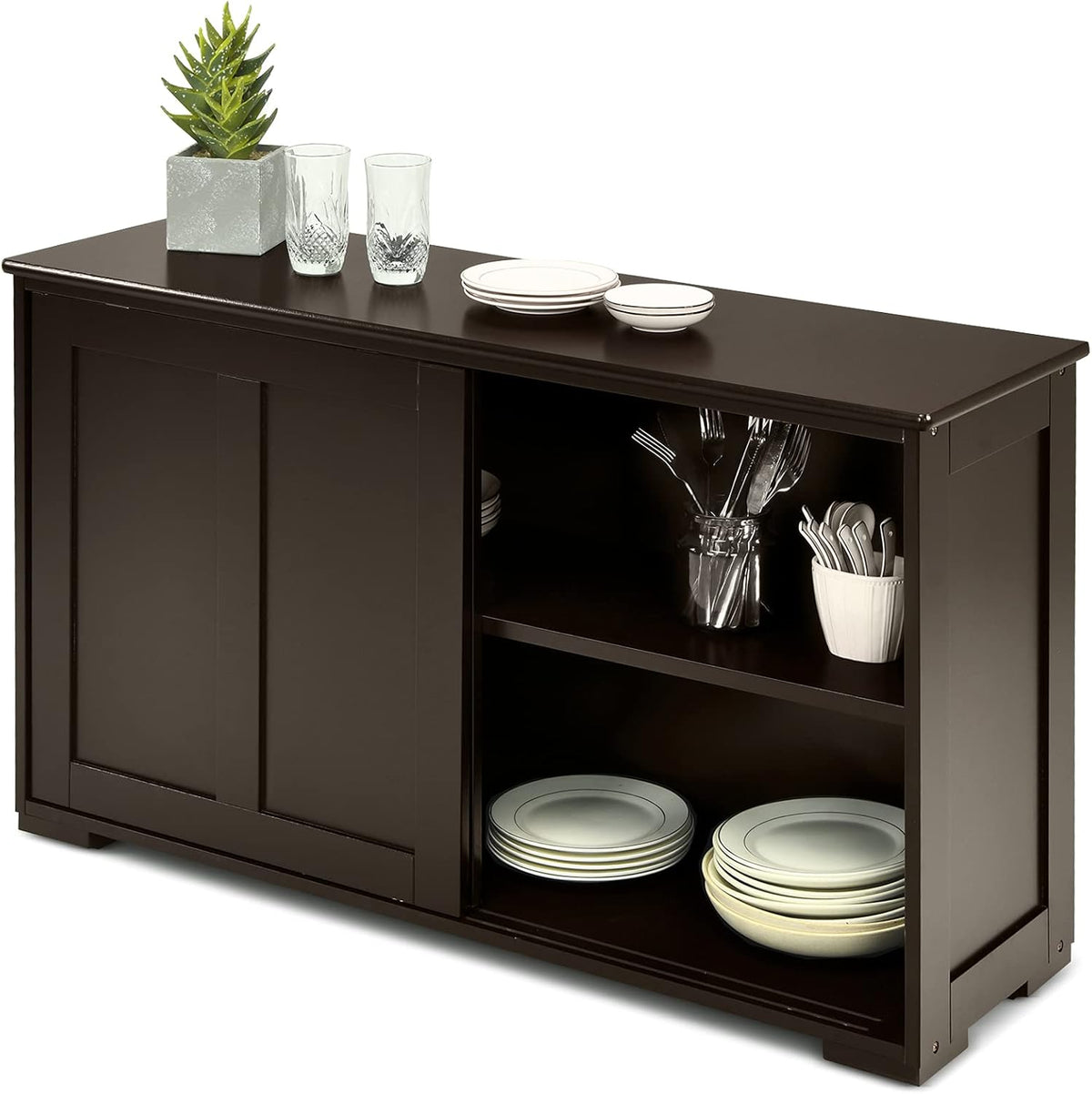 Brown Double-Layer Sliding Slat Door Storage Cabinet Q649
