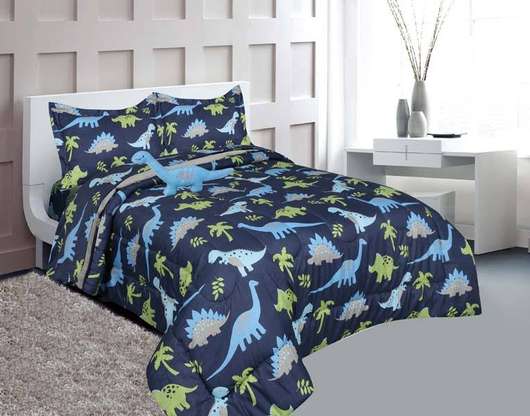 Full Size 8 Pieces Reversible Blue and Lime Green Dinosaur Microfiber Kids Comforter with Sheets V9280