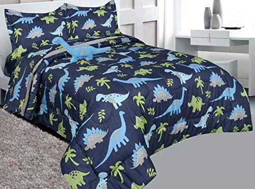 Full Size 8 Pieces Reversible Blue and Lime Green Dinosaur Microfiber Kids Comforter with Sheets V9280