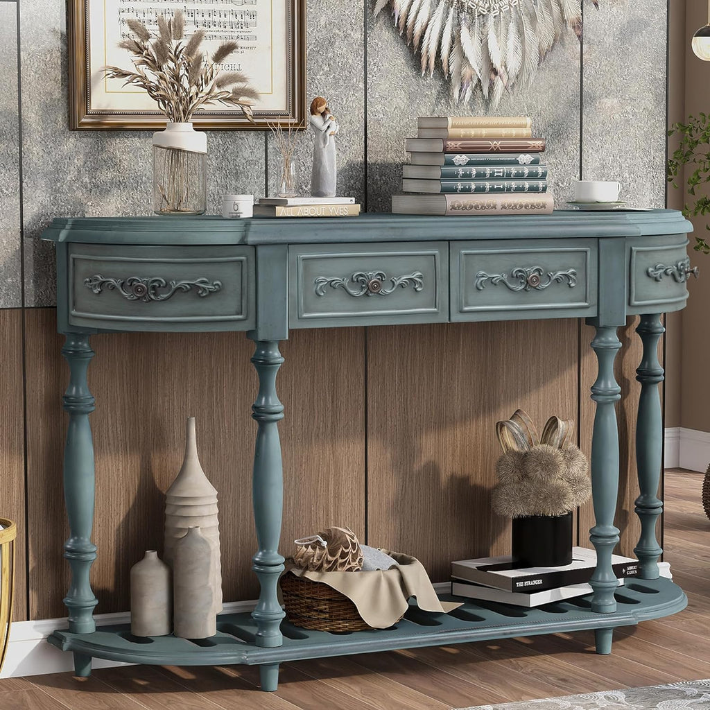 Antique Blue Wood Curved Console Table with Drawers & Shelf V689