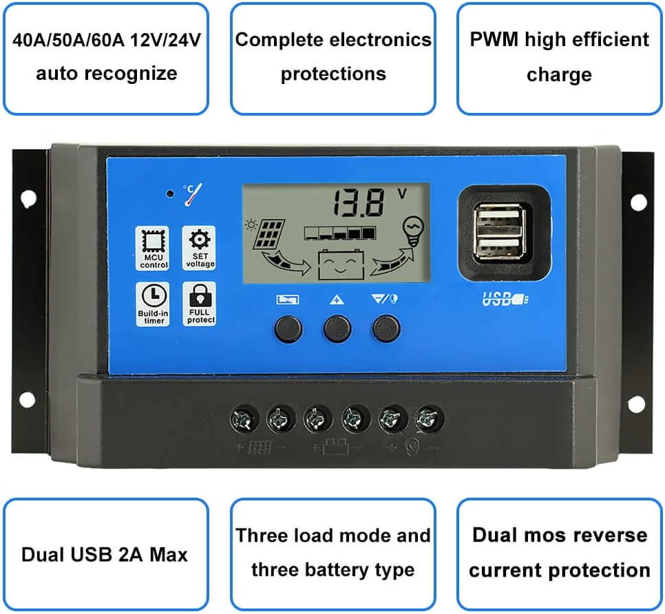60A Solar Panel Charge Controller 12V 24V LCD Display Dual USB I434