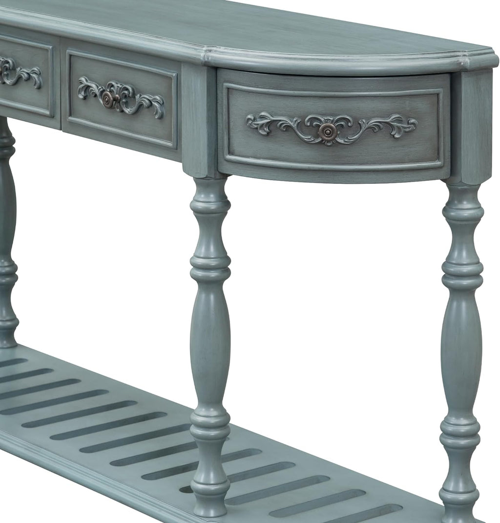 Antique Blue Wood Curved Console Table with Drawers & Shelf V689