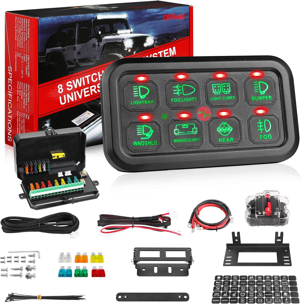 8 Gang Switch Panel with Label Stickers and Harness L13409