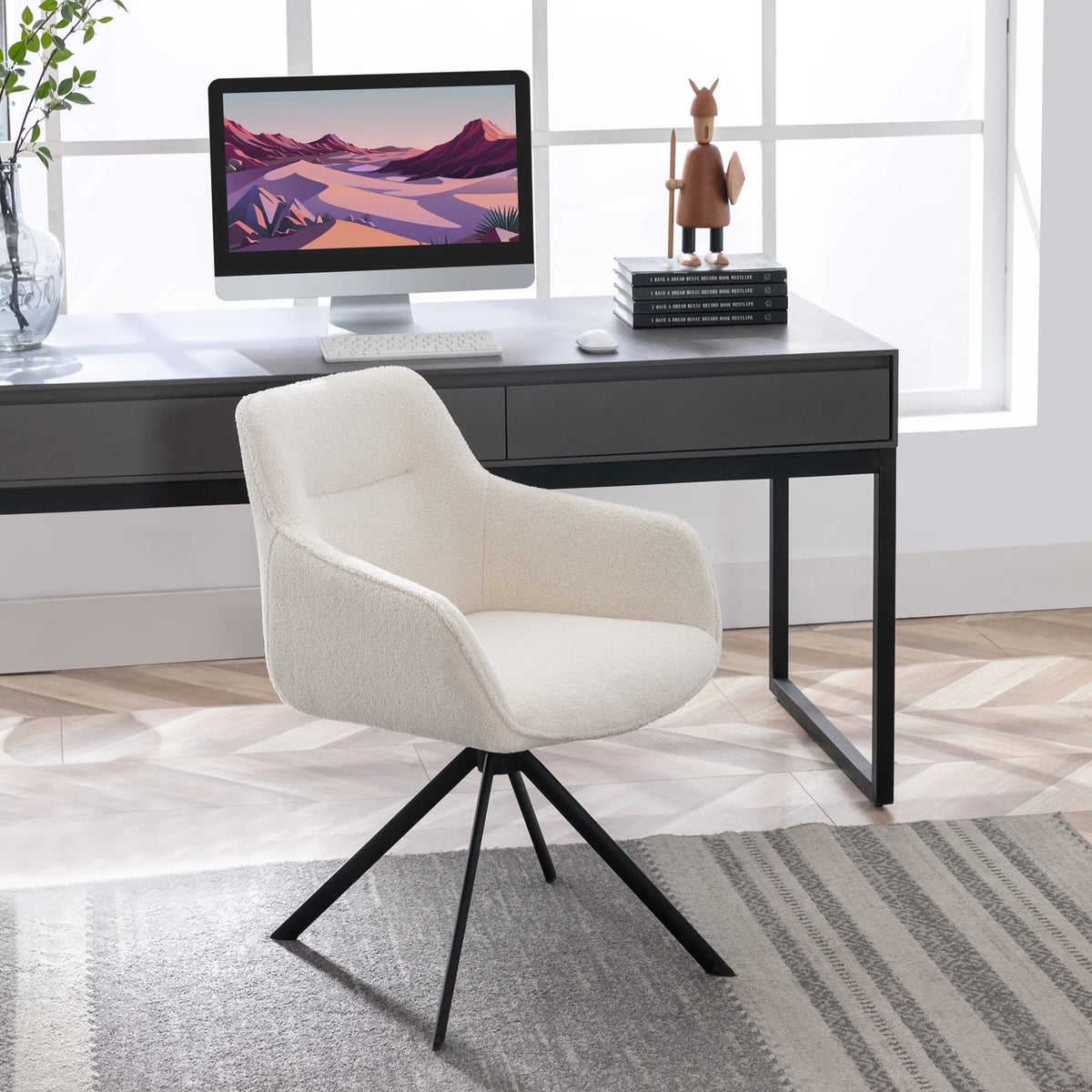 White Boucle Swivel Task Chair with Arms E406