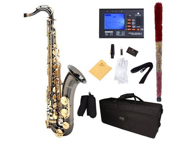 Black Nickel Plated and Gold Keys B Flat Tenor Saxophone with Case, Mouthpiece, 10 Reeds Y6743