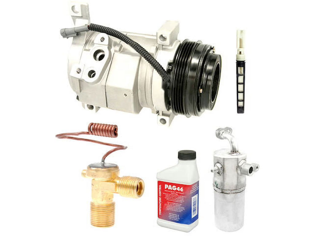 A/C Compressor Kit with 10S20F Compressor, 13mm Diameter Black Orifice Tube, Accumulator, Expansion Valve, and O-Rings C630