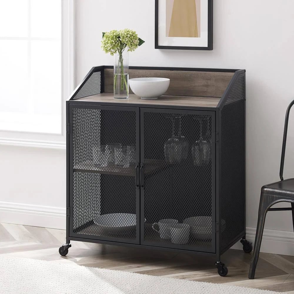 Grey Wash Industrial Bar Cabinet with Mesh K63113