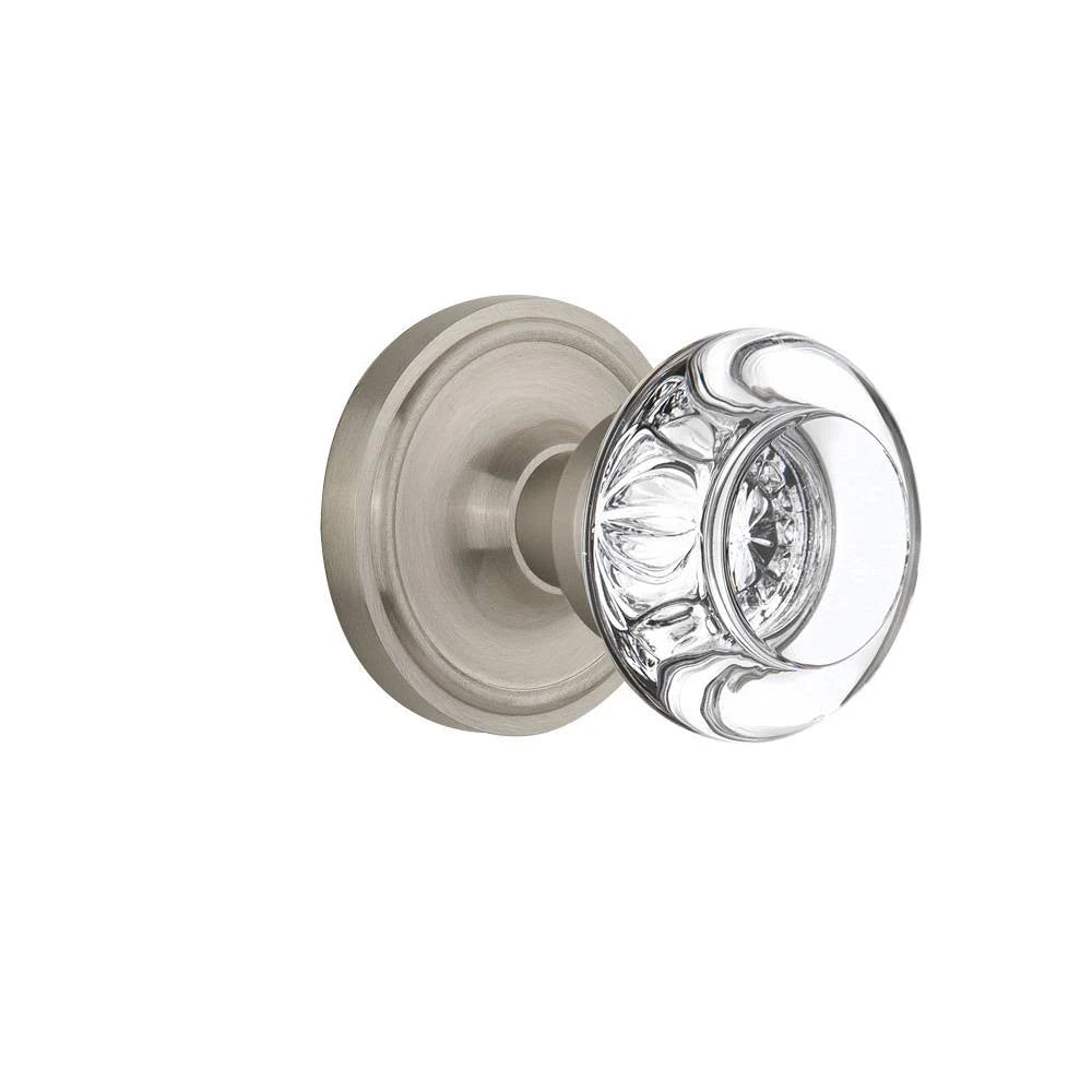 Classic Rosette Double Dummy Round Clear Crystal Glass Door Knob, Satin Nickel F359745