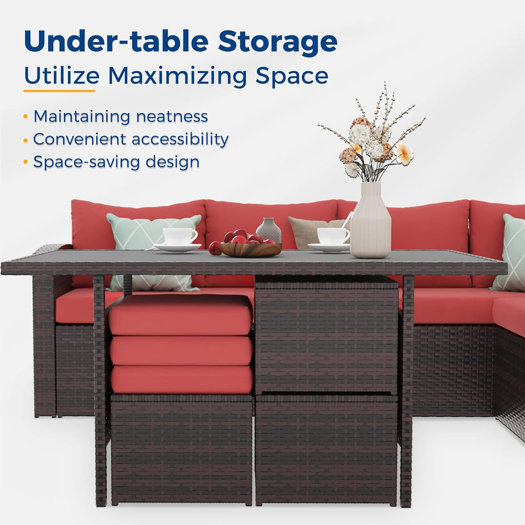 Red Rattan Wicker Patio Dining Table Set B576683