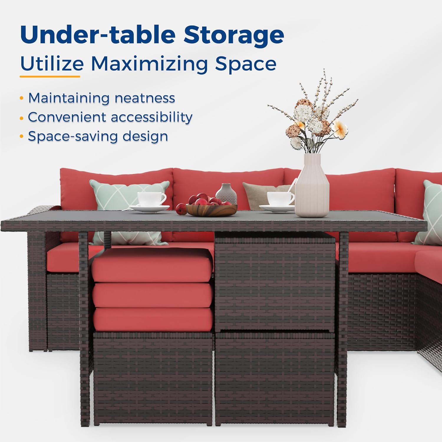 Red Rattan Wicker Patio Dining Table Set B576683