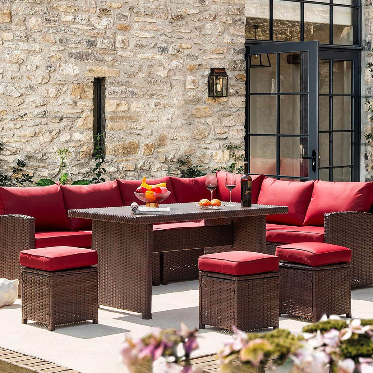 Red Rattan Wicker Patio Dining Table Set B576683
