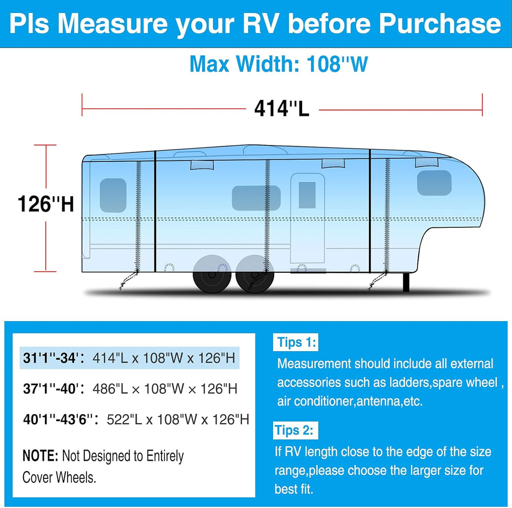 RV 5th Wheel Cover with Adhesive Repair Patch, Ripstop Waterproof, Fits 31'1"-34' L, Pack of 2 M238