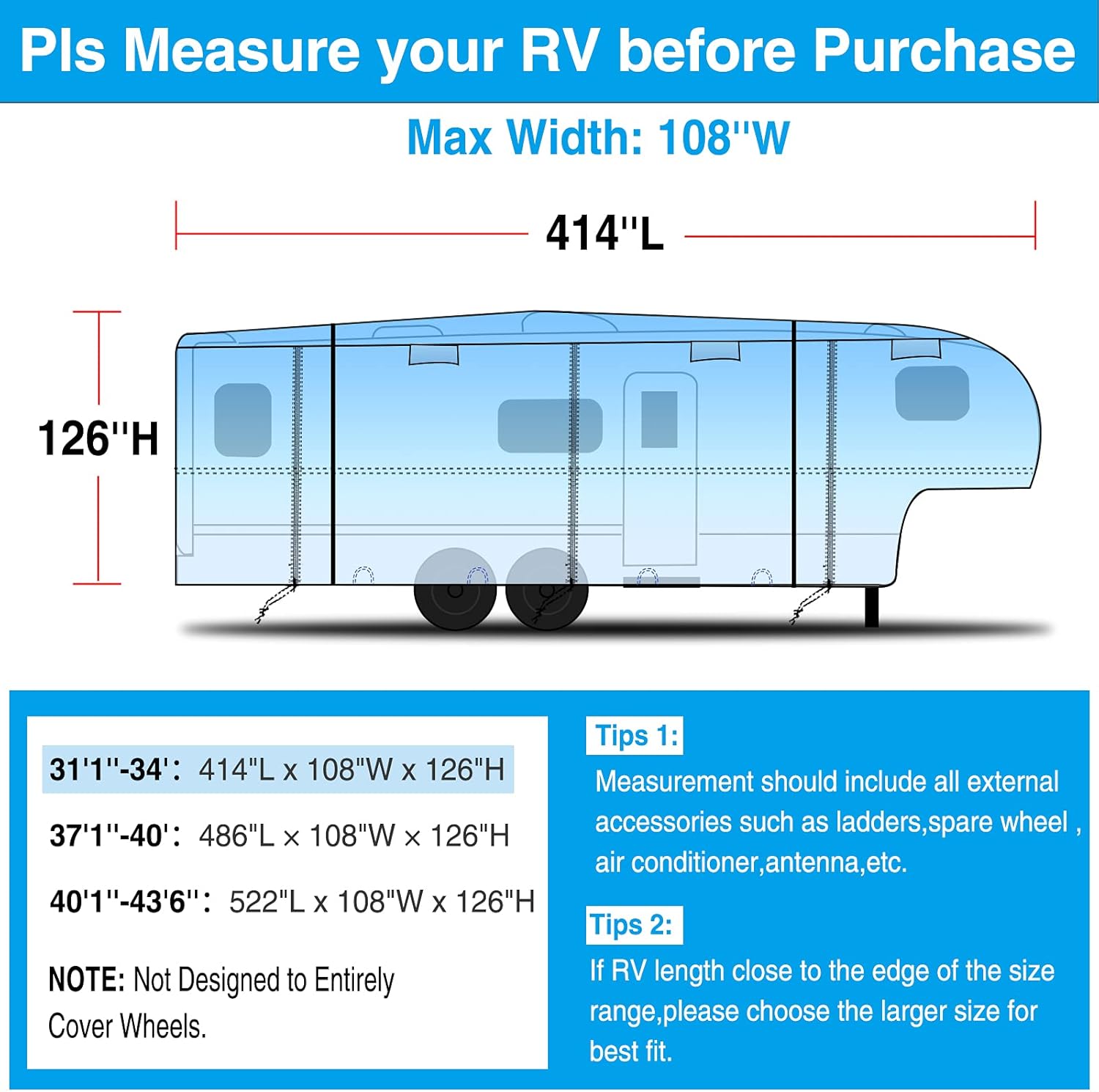 RV 5th Wheel Cover with Adhesive Repair Patch, Ripstop Waterproof, Fits 31'1"-34' L, Pack of 2 M238