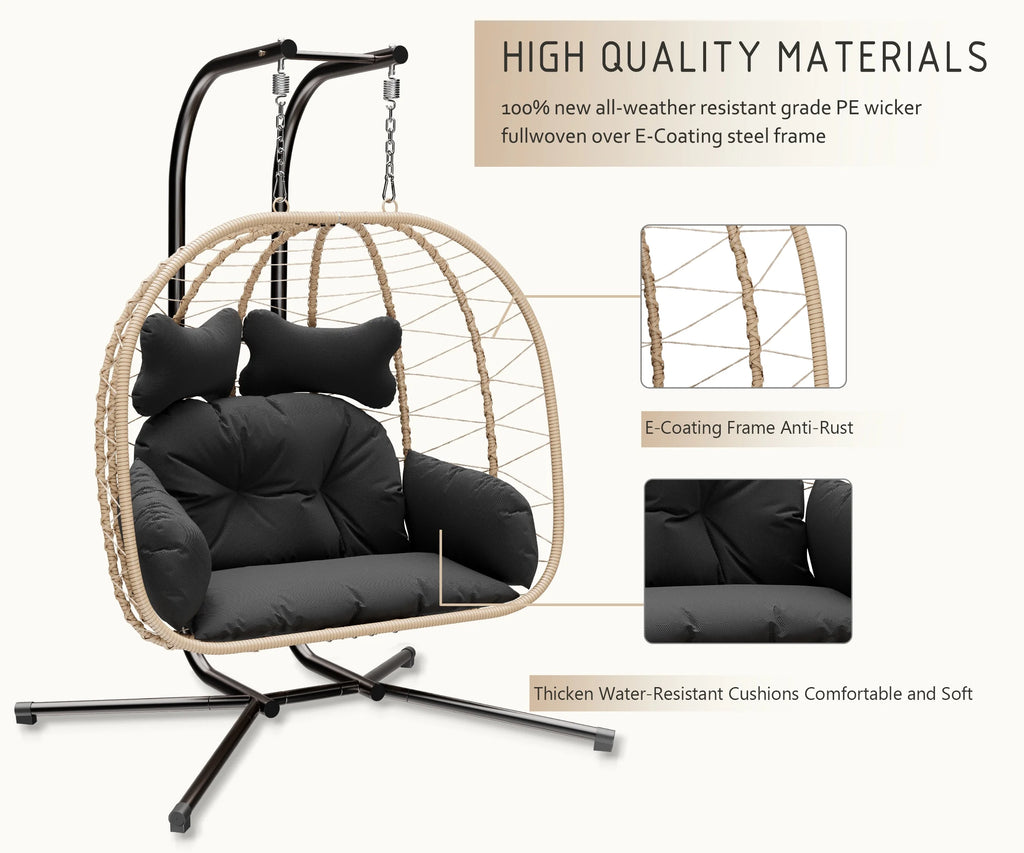 Yellow and Black Wicker Swing Egg Chair with Stand and Removable Cushions X2577