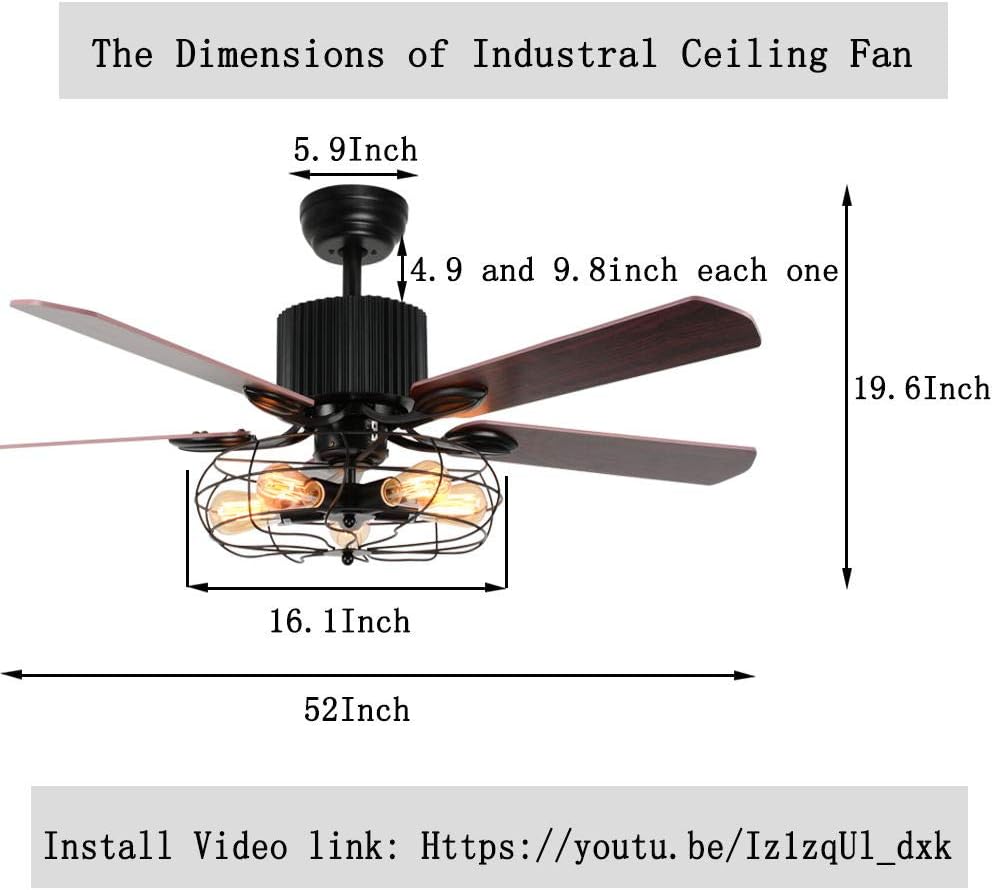 Retro Industrial Ceiling Fan Light with Iron Cage Cover Pull Chain Remote and 5 Reversible Wood Leaves 52Inch I152