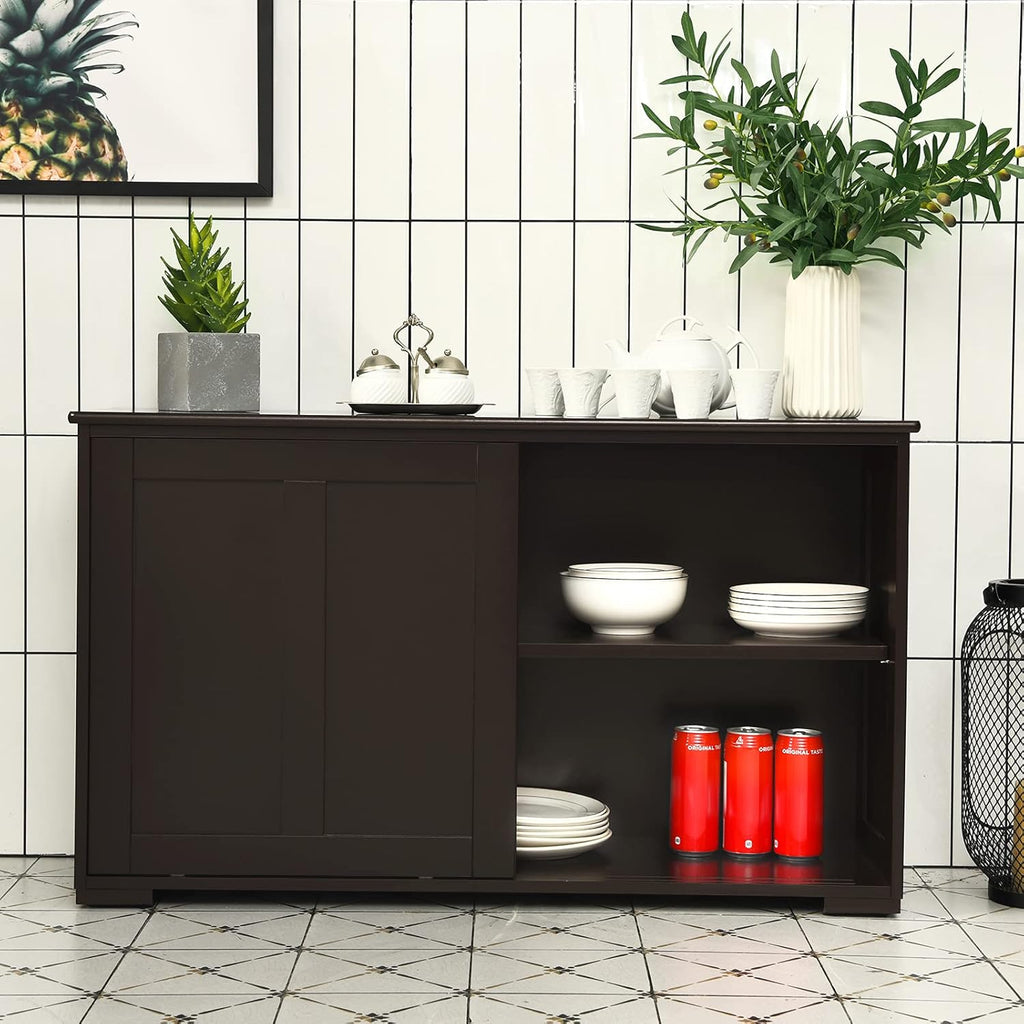Brown Double-Layer Sliding Slat Door Storage Cabinet Q649