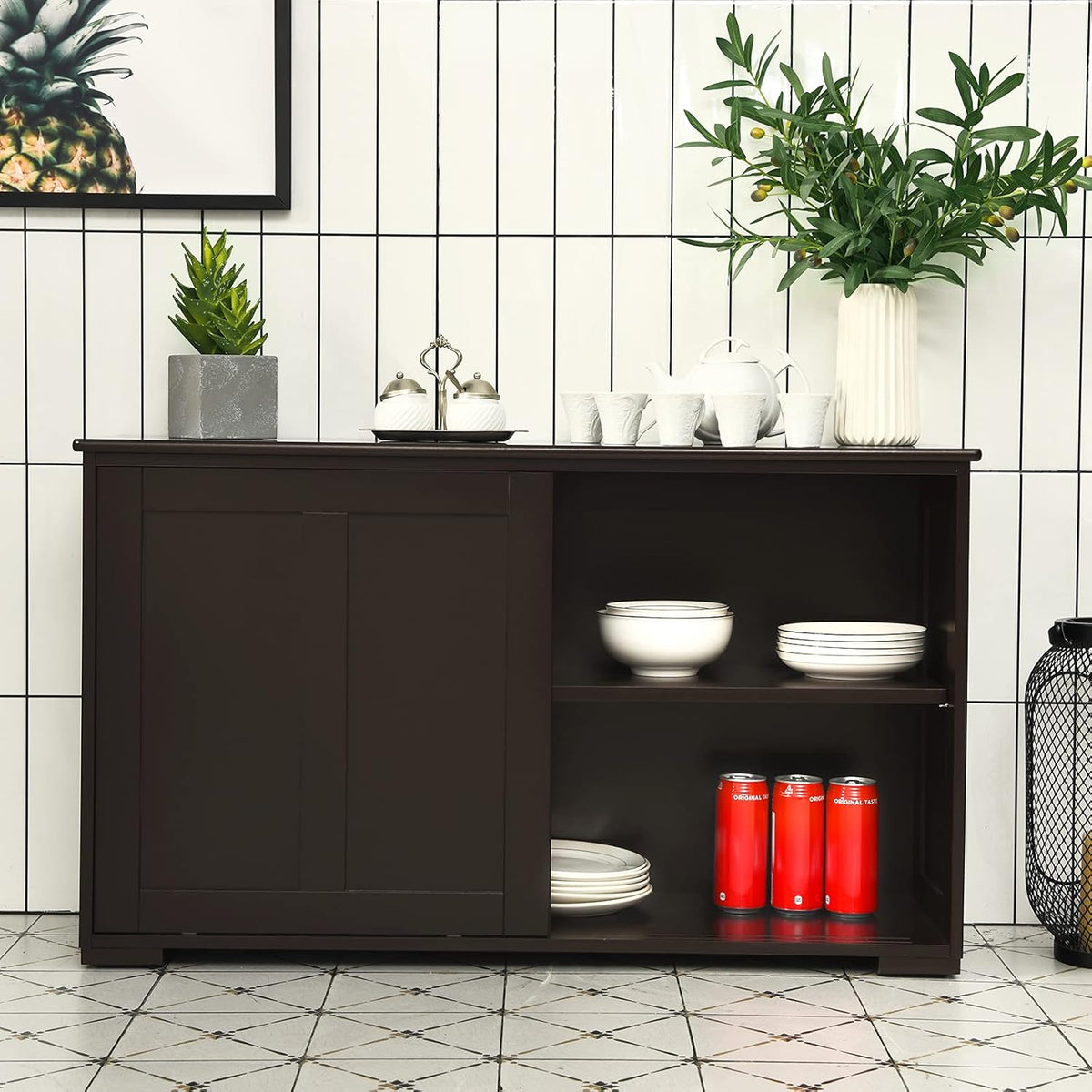 Brown Double-Layer Sliding Slat Door Storage Cabinet Q649