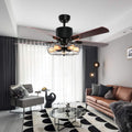Retro Industrial Ceiling Fan Light with Iron Cage Cover Pull Chain Remote and 5 Reversible Wood Leaves 52Inch I152