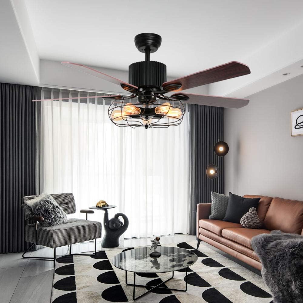 Retro Industrial Ceiling Fan Light with Iron Cage Cover Pull Chain Remote and 5 Reversible Wood Leaves 52Inch I152
