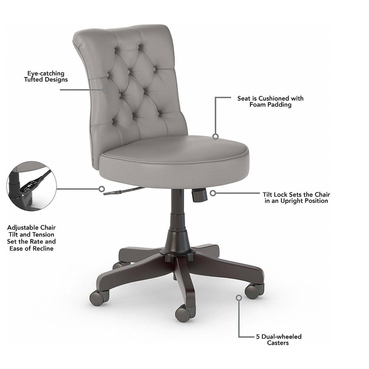 60W L Shaped Desk with Mid Back Tufted Office Chair, Gray V74714