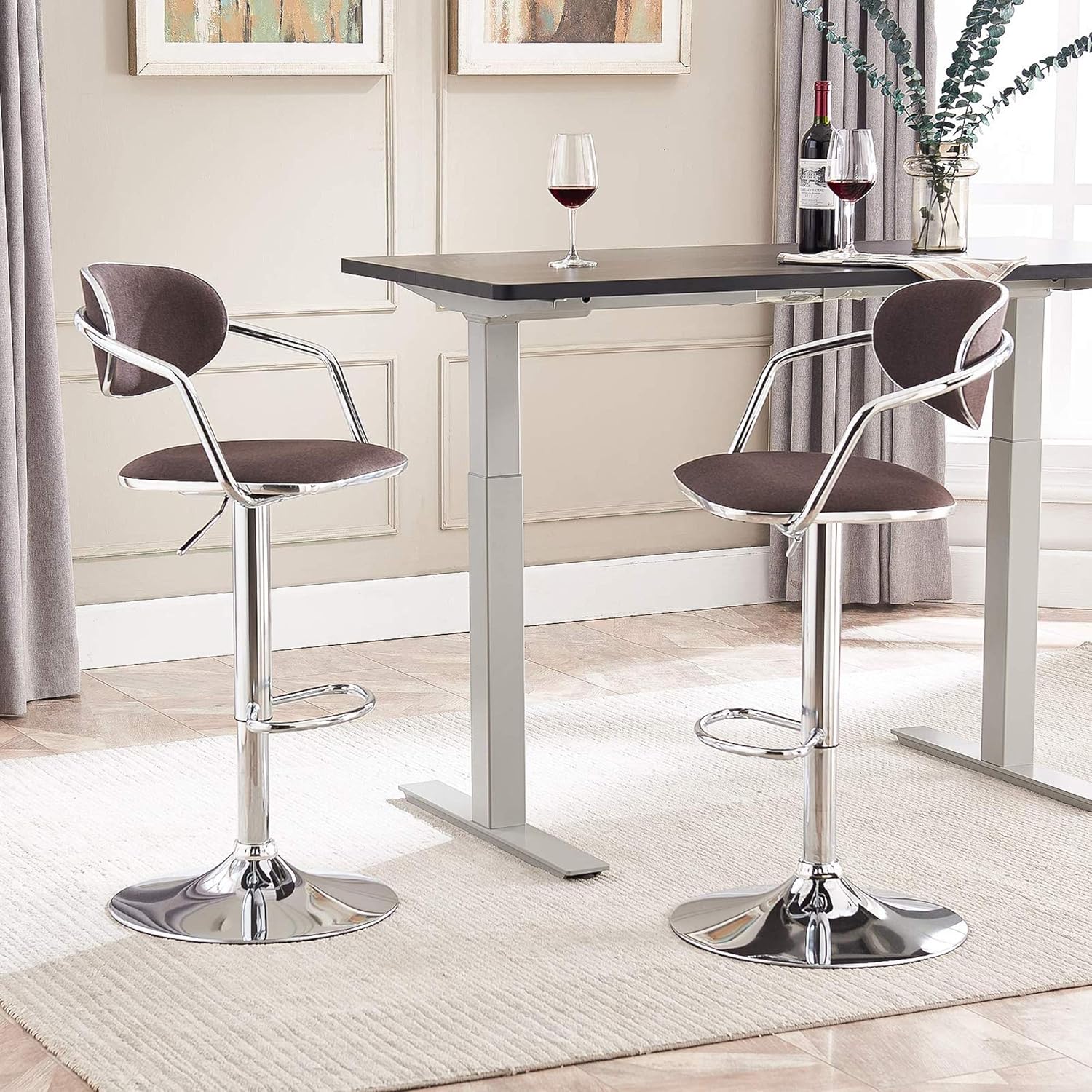 Bar Stools Set of 2, Counter Height, Fabric, Swivel Metal, Light Brown T714216